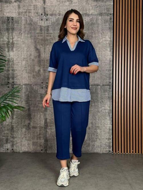 Kadın Modal Kumaş çizgili Gömlek Yaka Ikili Takım