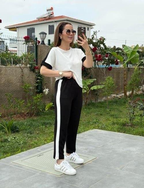 Kadın Modal Dokulu Kumaş Yanı şeritli Takım