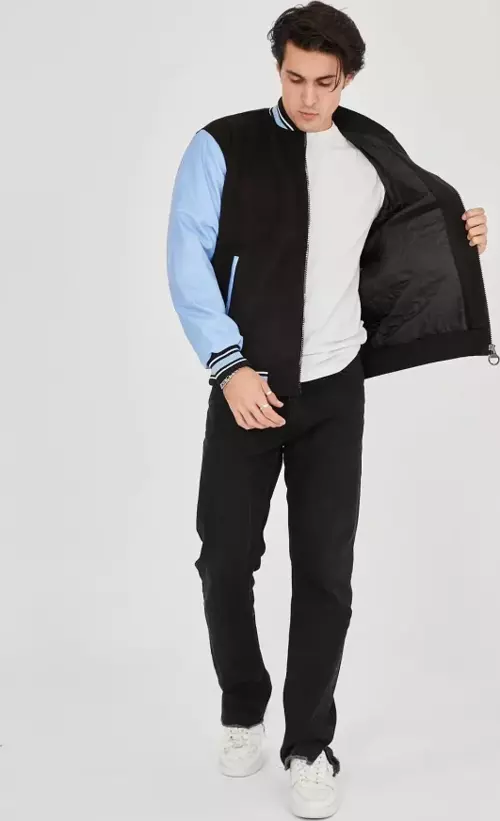 Erkek İçten Elyaf Ve Astarlı Kolları Suni Deri Ceket - Mavi