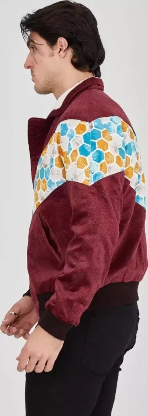 Erkek İçi Astarlı İçten Yaka Kısmı Peluşlu Beyaz Şeritli Vintage Ceket - Mürdüm