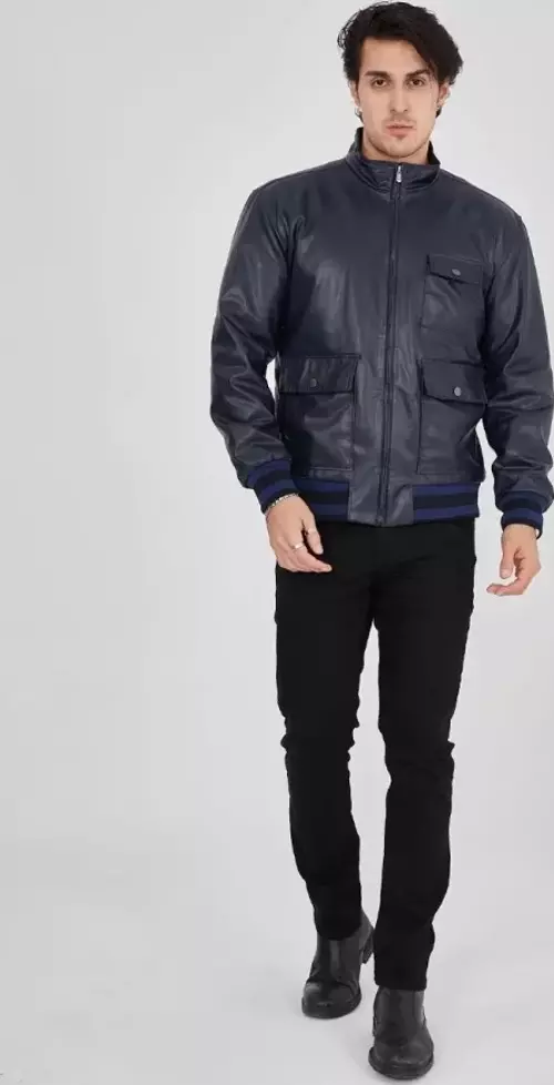 Erkek Fermuarlı İçten Elyaf Ve Astarlı Suni Deri Ceket - Lacivert