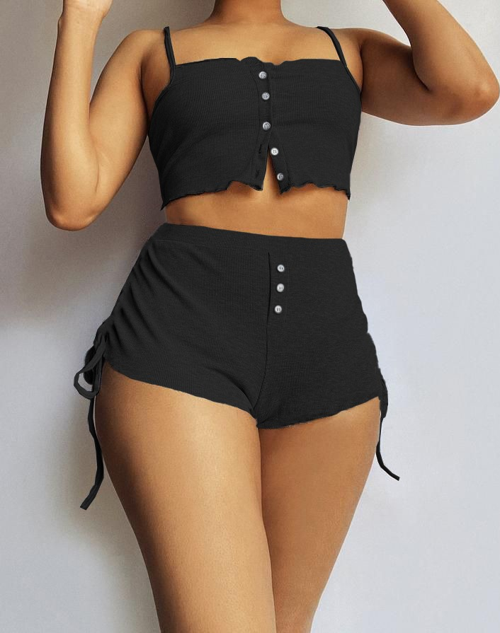 Kadın Ip Askılı Crop Bluz Ve Yanlardan Büzgülü Ikili Kaşkorse Short Takım