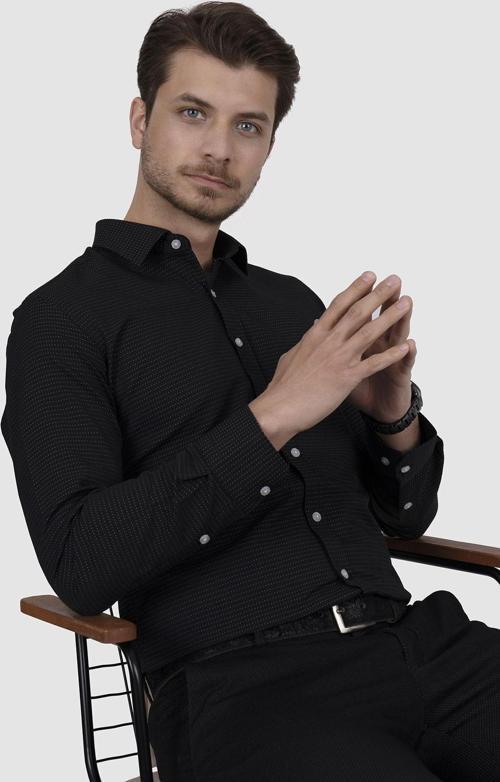 Siyah Nokta Desenli Slimfit Erkek Gömlek
