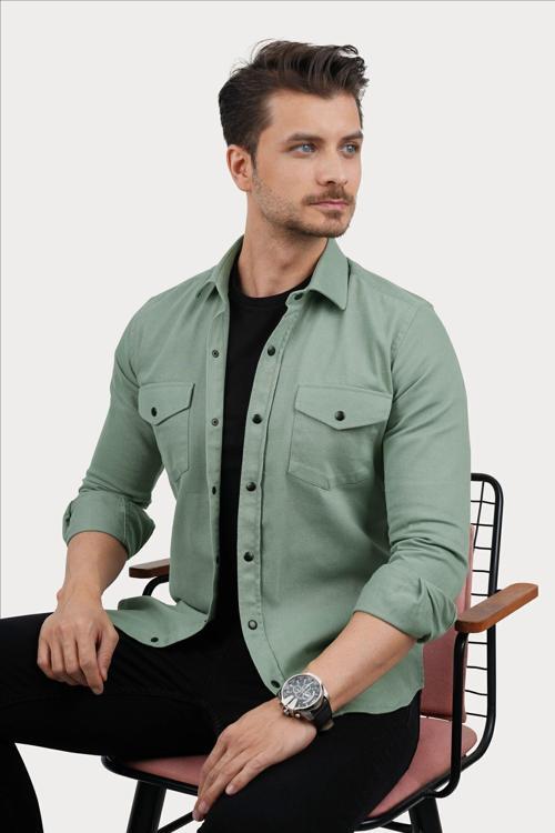 Su Yeşili Slimfit Gerçek Kot Erkek Gömlek
