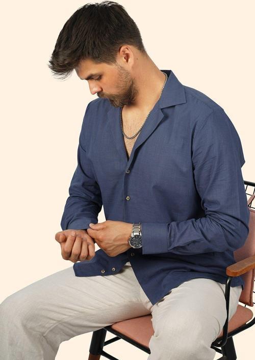 İndigo Keten Apaj Yaka Oversize Erkek Gömlek