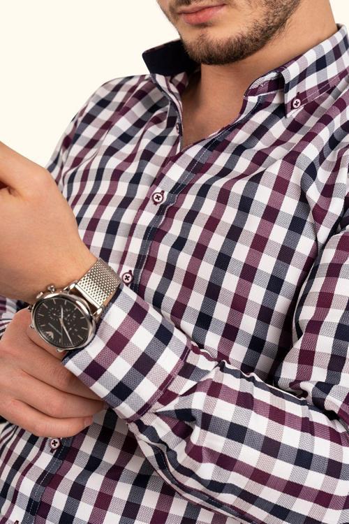 Bordo Lacivert Kareli Slimfit Erkek Gömlek