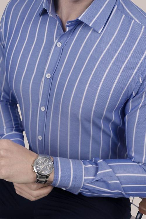 Mavi Beyaz Çizgili Slimfit Erkek Gömlek