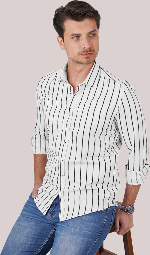 Beyaz Siyah Çizgili Slimfit Erkek Gömlek
