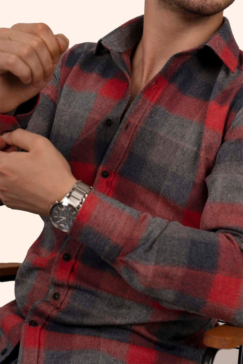 Kırmızı Gri Dama Desenli Slimfit Oduncu Erkek Gömlek