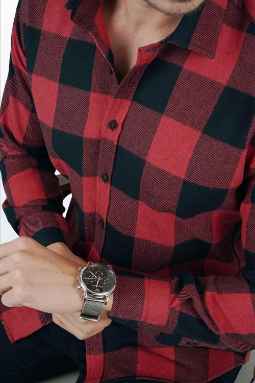 Kırmızı Siyah Dama Desenli Slimfit Oduncu Erkek Gömlek