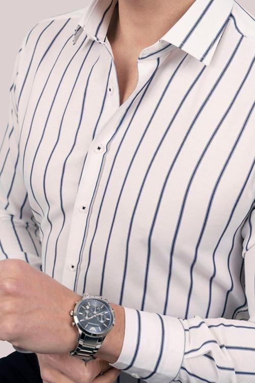 Beyaz Lacivert Çizgili Slimfit Erkek Gömlek