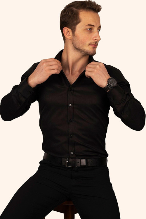 Siyah Armür Desenli Slimfit Erkek Gömlek