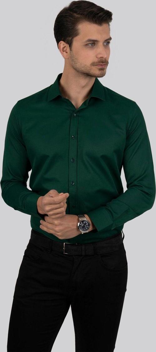 Kına Yeşili Kare Düğmeli Slimfit Erkek Gömlek