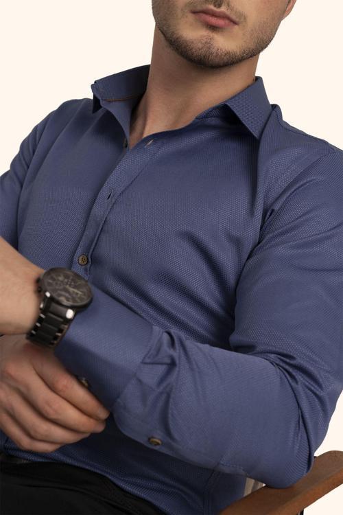 İndigo Kahve Düğmeli Slimfit Erkek Gömlek