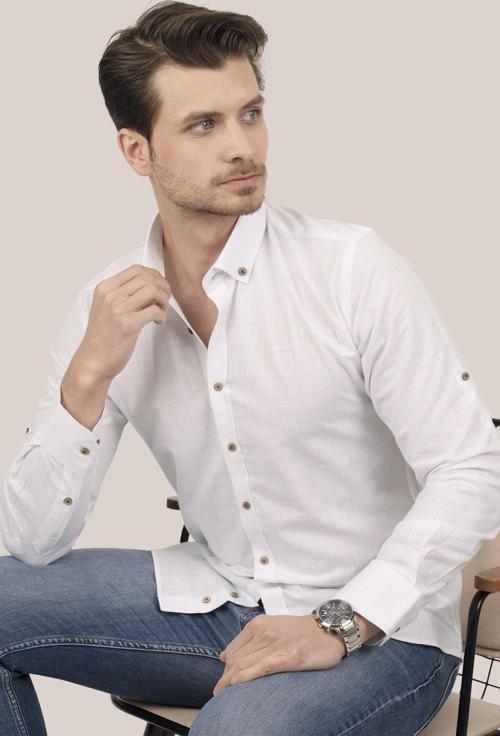Beyaz Yaka Düğmeli Keten Slimfit Erkek Gömlek