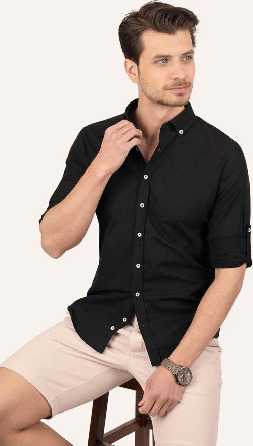 Siyah Yaka Düğmeli Keten Slimfit Erkek Gömlek