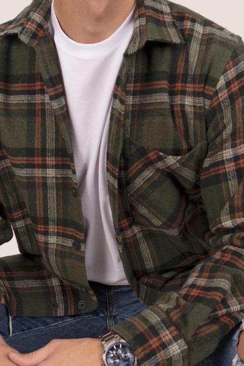 Asker Yeşili Turuncu Oversize Oduncu Erkek Gömlek