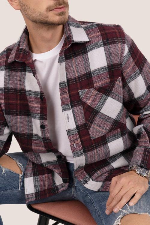 Kiraz Beyaz Geçişli Oversize Oduncu Erkek Gömlek