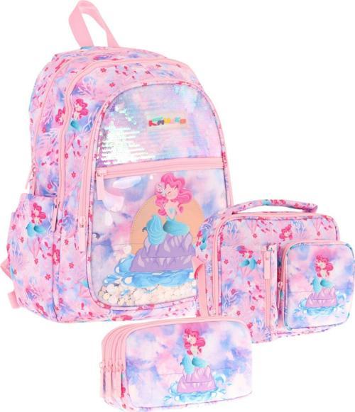 Kids Kız Çocuk - Pembe Mavi Pullu Denizkızı Desenli - Okul Çanta Seti (Sırt Çantası+Beslenme Çantası+Kalemlik)