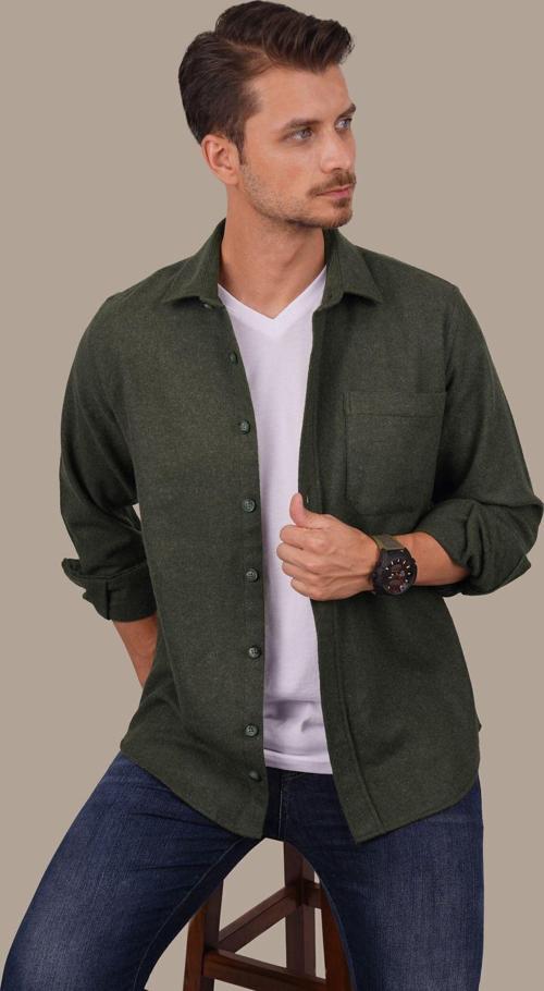 Haki Düz Oversize Oduncu Erkek Gömlek