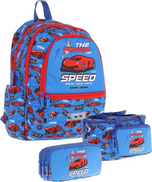 Kids Üçlü Erkek Çocuk İlkokul Okul Çantası Seti (L5268+L7268+L8268) Mavi Kırmızı - Yarış Arabası Desenli