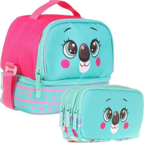 İki Bölmeli Isı Yalıtımlı Beslenme + Kalemlik Seti (Koala Desenli ) (Yeşil Kırmızı)