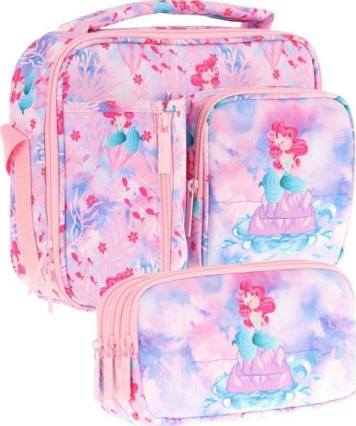 Kids Kız Çocuk Pembe Mavi Denizkızı Desenli Üç Bölmeli Thermo Beslenme Çantası ve Kalemlik Seti (L7217+L8217)