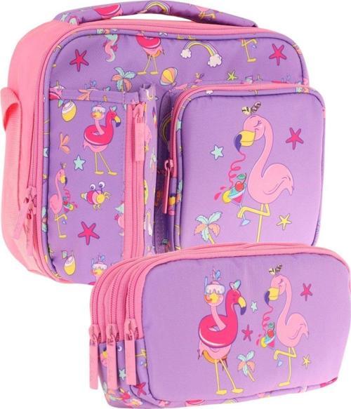 Kids Kız Çocuk Mor Pembe Flamingo Baskılı Üç Bölmeli Thermo Beslenme Çantası ve Kalemlik Seti (L7240+L8240)