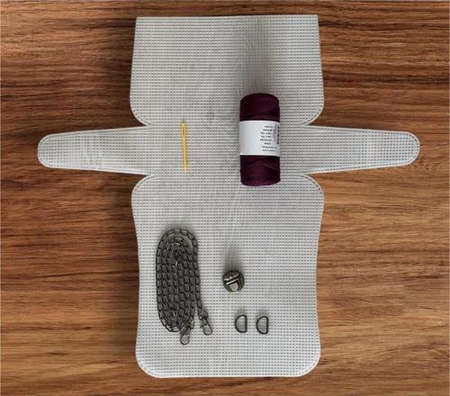 Plastik Kanvas Çanta Seti Büyük Boy - Makrome Koyu Mor İpli