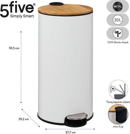5Fıve Bambou - Beyaz - 30 Lt Pedallı Çöp Kovası