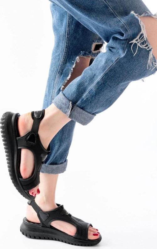 T-221 Siyah Spring Paraşüt Kumaş Lastikli Ortopedik Kadın Sandalet
