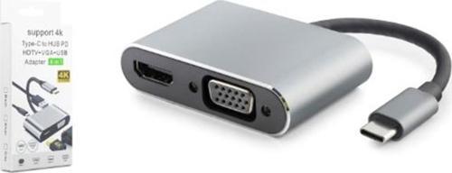 HDX7839 TYPE-C TO HUB HDTV 4K 30HZ + TYPE-C + USB + VGA 4IN1 GRİ