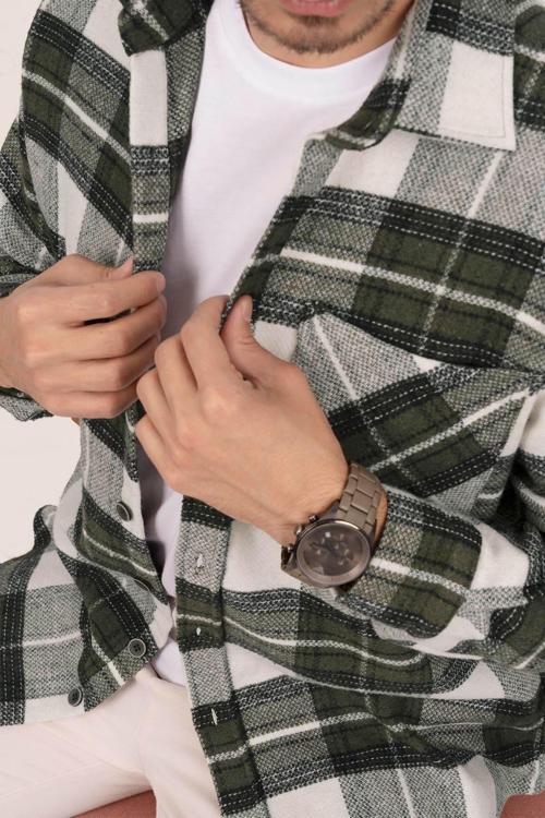 Yeşil Beyaz Geçişli Oversize Oduncu Erkek Gömlek