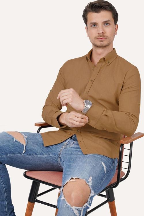 Taba Yaka Düğmeli Keten Slimfit Erkek Gömlek