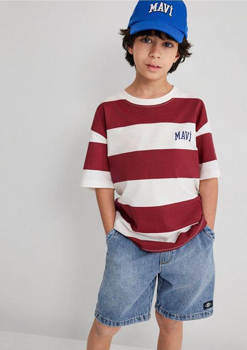 Logo Baskılı Bordo Çizgili Tişört Loose Fit / Bol Rahat Kesim 6610183-88061