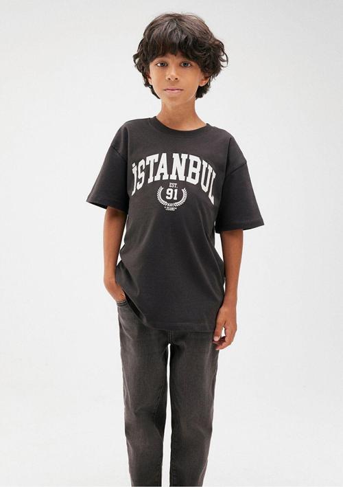 İstanbul Baskılı Antrasit Tişört Loose Fit / Bol Rahat Kesim 6610244-70087