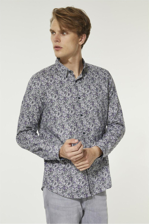 Erkek Mor Baskılı Alttan Britli Yaka Slim Fit Gömlek A92Y2052