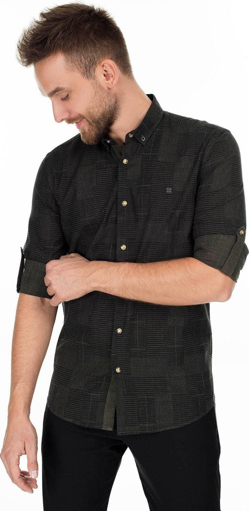 Baskılı Düğmeli Yaka Slim Fit Gömlek