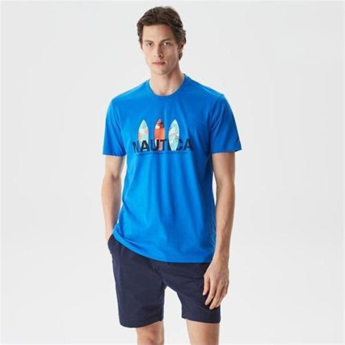 Erkek Mavi Desenli Standart Fıt Kısa Kollu T-Shırt