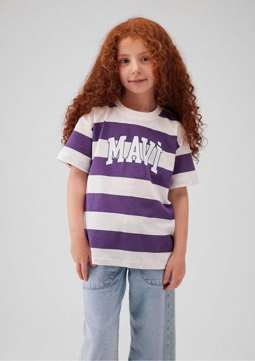 Logo Baskılı Mor Çizgili Tişört Loose Fit / Bol Rahat Kesim 7610191-88138