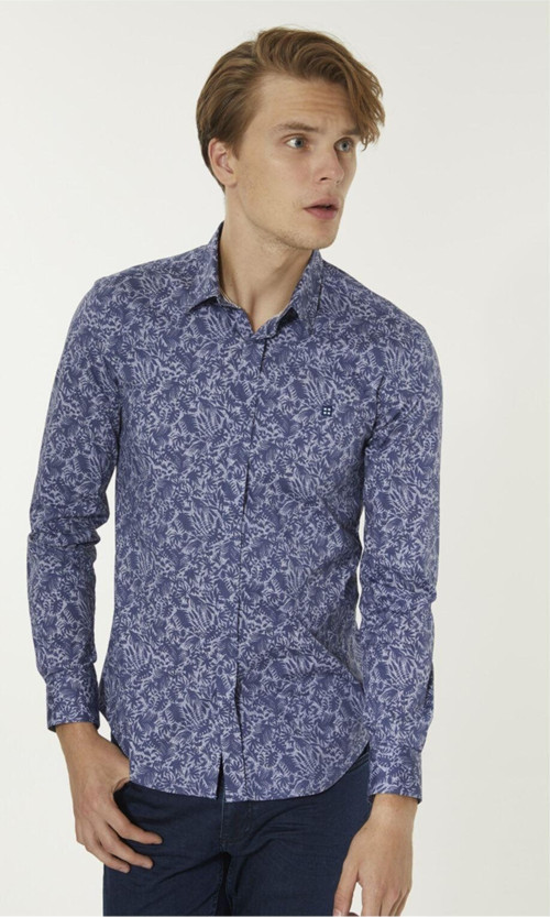 Erkek Indigo Baskılı Klasik Yaka Slim Fit Gömlek A92Y2107
