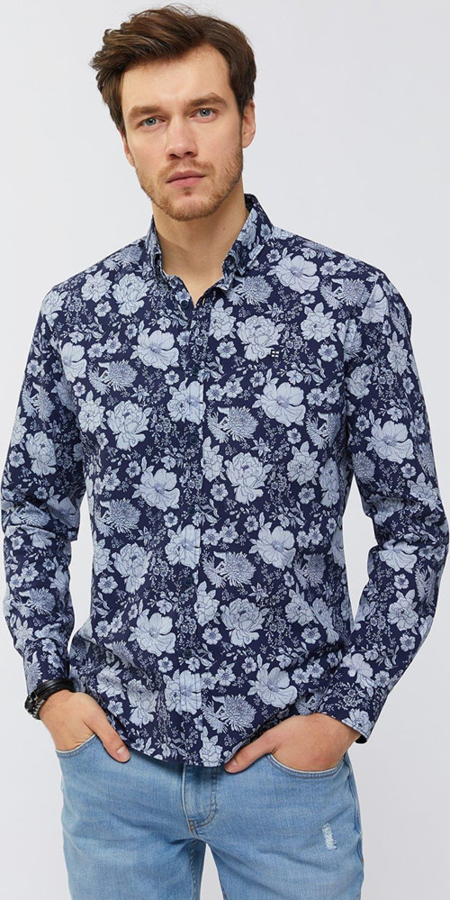 Baskılı Düğmeli Yaka Slim Fit Gömlek