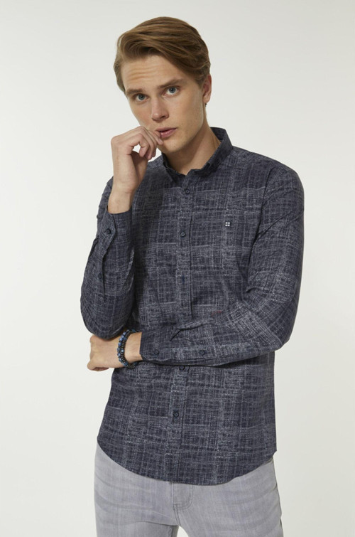 Baskılı Düğmeli Yaka Slim Fit Gömlek
