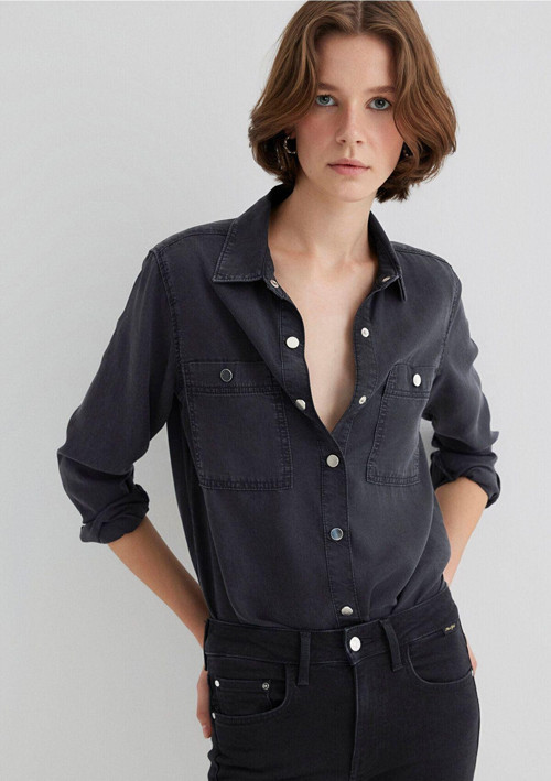 Betty Gold Klasik Antrasit Jean Gömlek Fitted / Vücuda Oturan Kesim 1210818-87811