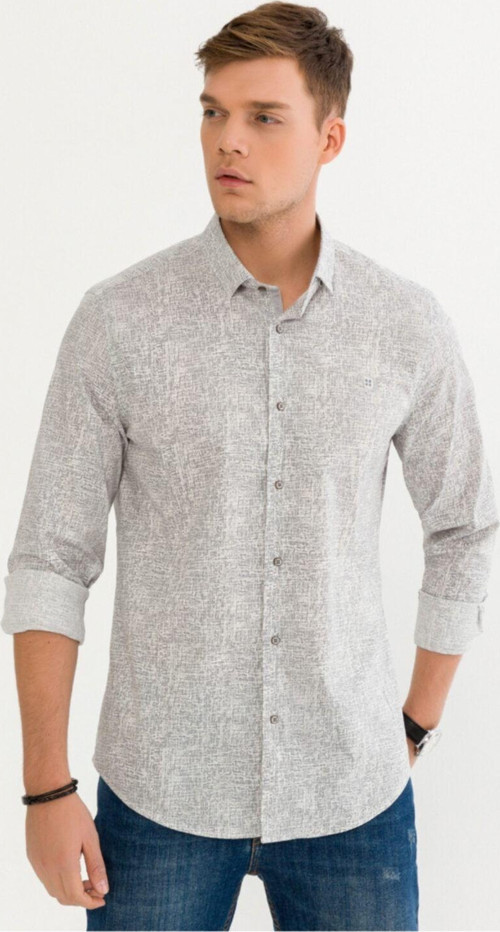 Erkek Gri Baskılı Alttan Britli Yaka Slim Fit Gömlek A91Y2093