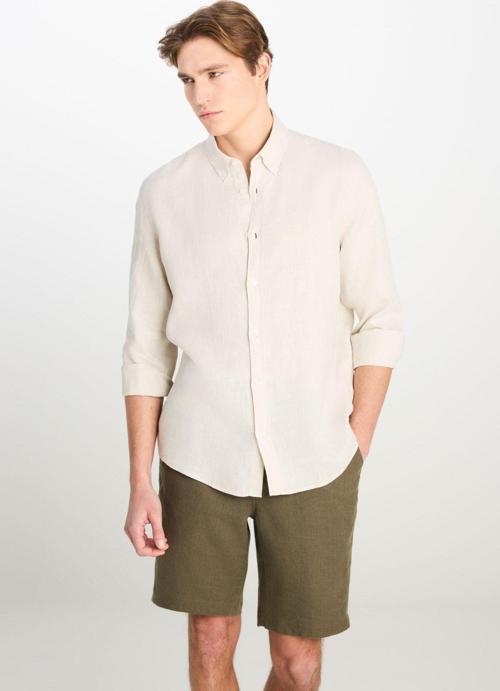 %100 Keten Regular Fit Normal Kesim Bej Gömlek
