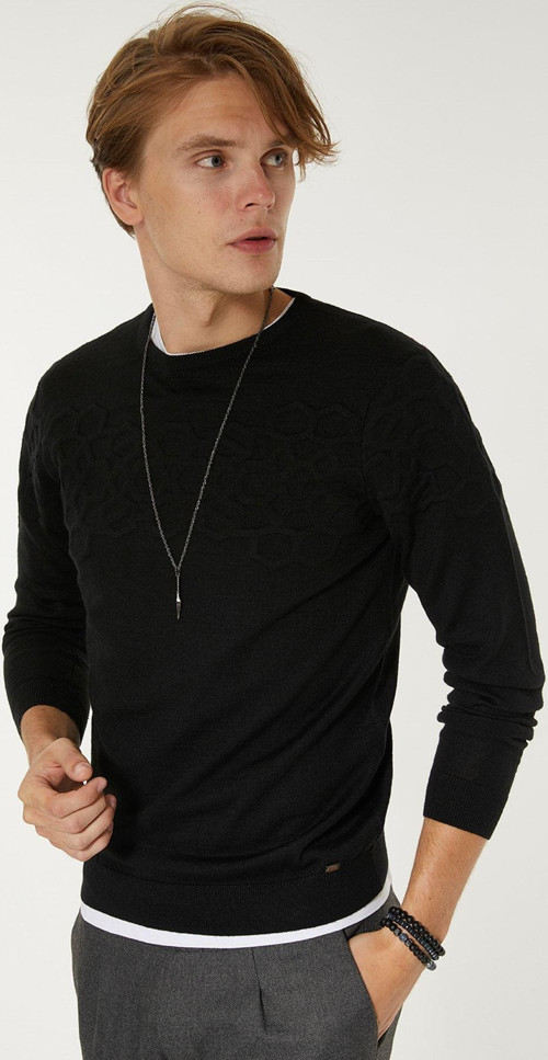 Bisiklet Yaka Gofre Baskılı Kazak