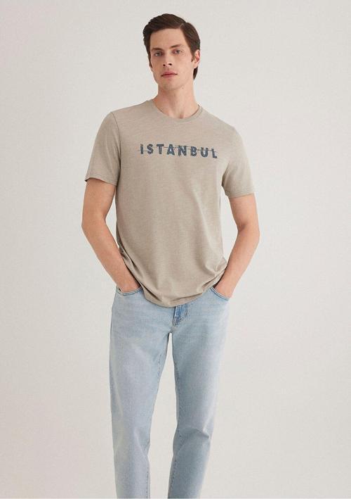 İstanbul Baskılı Bej Tişört Slim Fit / Dar Kesim 066282-31935