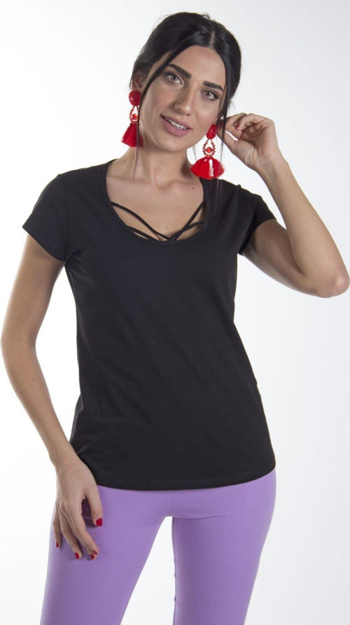 Kadın Siyah U Yaka İp Süslemeli T-Shirt 9Ybtst0969B1