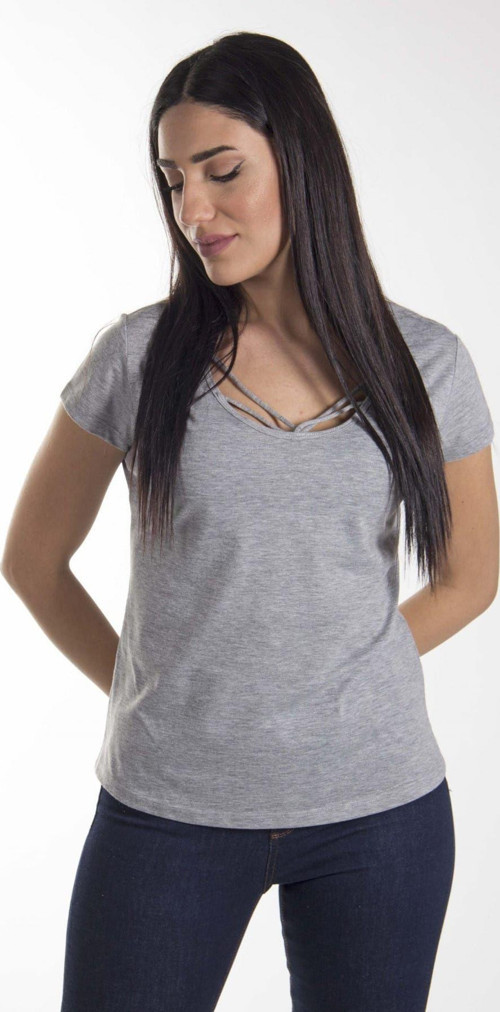 Kadın Gri Simli U Yaka İp Süslemeli T-Shirt 9Ybtst0969B1